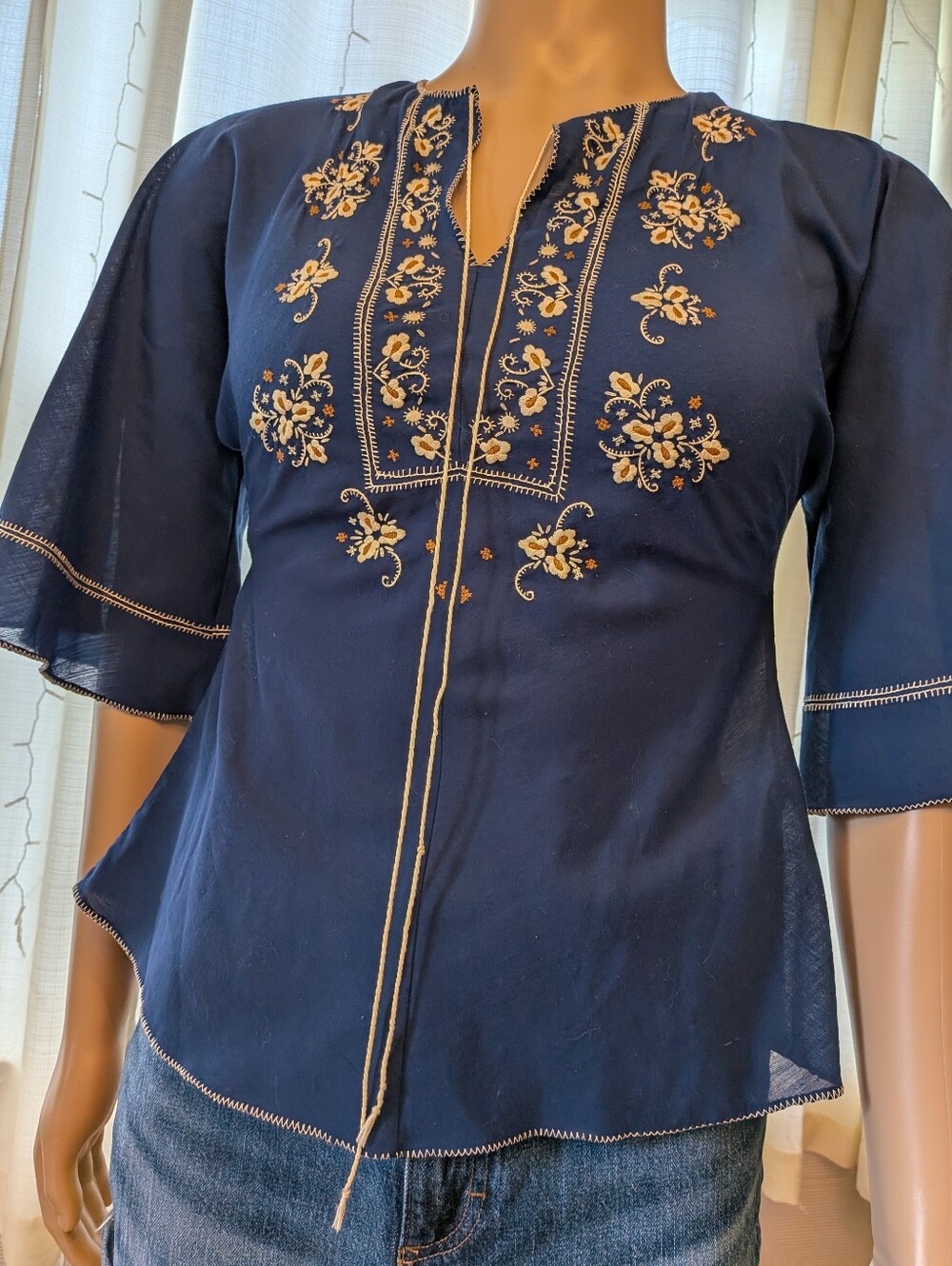 1970's Vintage Navy Blue, Hand Embroidered Boho Blouse, 3/4 Sleeve Sz 32 Small